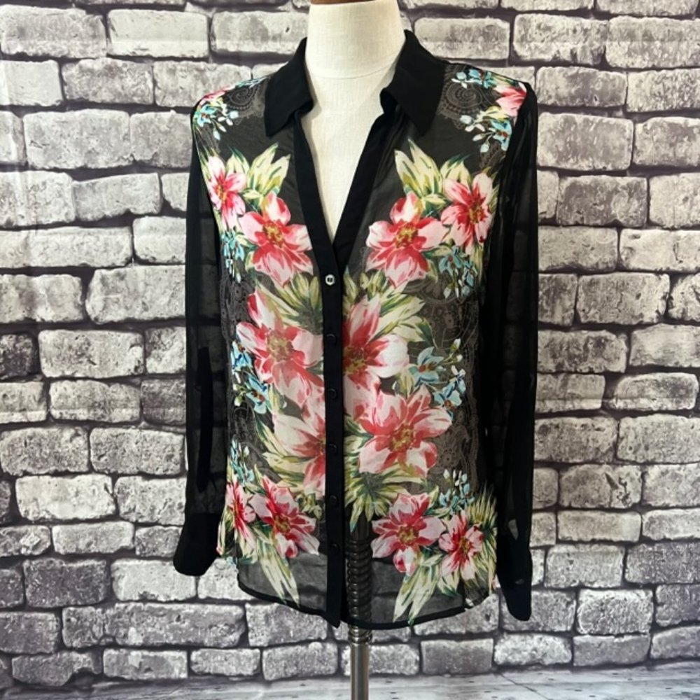 Cache V-Neck Sheer Blouse Size M